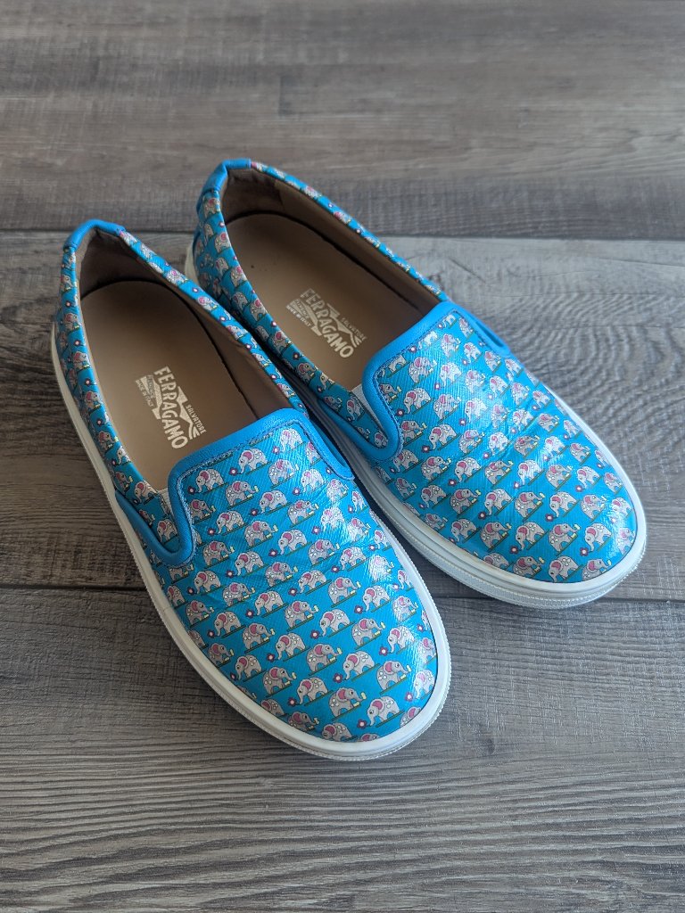 Salvatore Ferragamo Kids Pacau Mini Slip-On Blue Elephant Print Sneakers Size 33